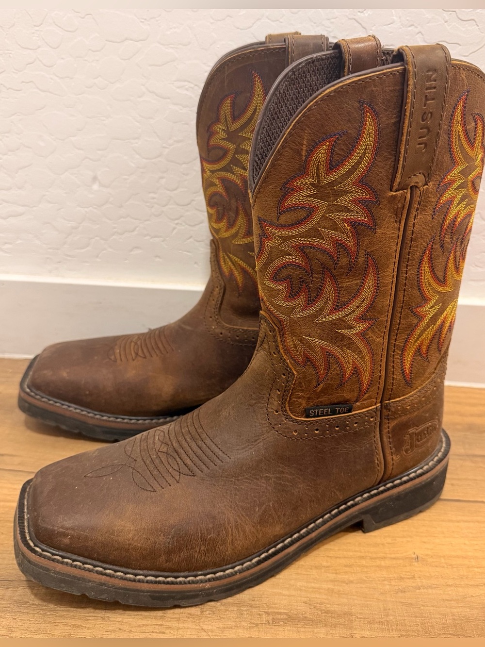 Justin Boots Brown Steel square Toe Western Work MENS DRILLER WESTERN size 9.5